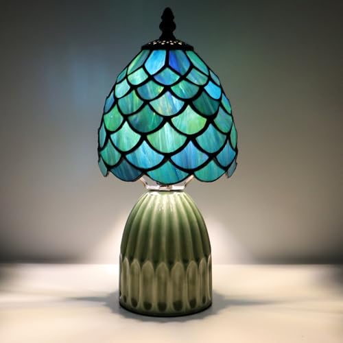 Tiffany Stained Glass Mushroom Table Lamp 12.5 Inch -Blue Fish Scale - color: Sea Blue Fish scale