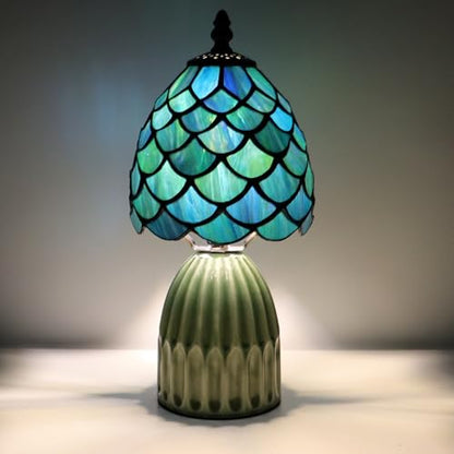 Tiffany Stained Glass Mushroom Table Lamp 12.5 Inch -Blue Fish Scale - color: Sea Blue Fish scale