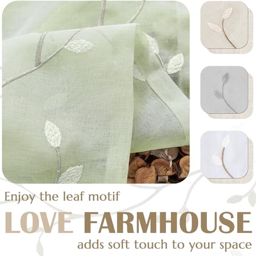 jinchan Linen Kitchen Valance Sheer Leaf Embroidered 18 Inch 1 Panel Green - color: Leaf | Beige on Green