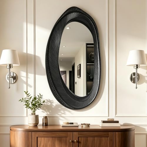 POZINO 40"X20" Irregular Wall Mirror, Black Asymmetrical Wood Mirror - size: 40"L x 20"W