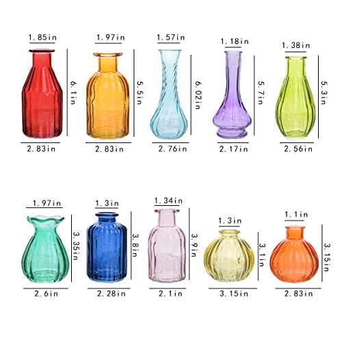 Eleganttime Bud Vases for Flowers,Glass Colored Bud Vase in Bulk Set of 10,Small Vintage Vase Bottle for Wedding Decorations,Garden and Home Decor,Centerpieces,Colorful Mexican Décor