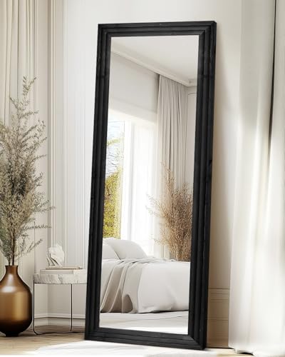 65x22in Full Length Mirror, 3-Tier Stepped Solid Wood Frame, Black - color: Black, size: 65"L x 22"W
