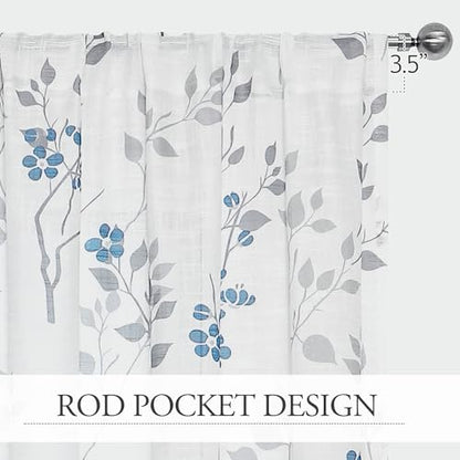 Beauoop Floral Linen Semi Sheer Curtains Living Room Blue Grey 50x54 2 Set - color: Rod Pocket | Blue and Grey, size: 50"W x 54"L (Pack of 2)