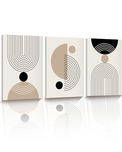 HesenDot Abstract Geometric Wall Art Set of 3, 30x40CM Minimalist Line Framed Canvas Prints, Boho Modern Neutral Beige Black Shapes Wall Decor for Living Room Bedroom Bathroom Office Home - color: Boho Line Wall Art-Framed, size: 16"L x 12"W