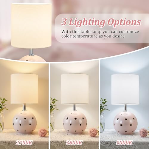 Small Table Lamp, 14" Pink Ceramic Bedside Lamp for Girls Kids Bedroom,Dorm - color: Pink
