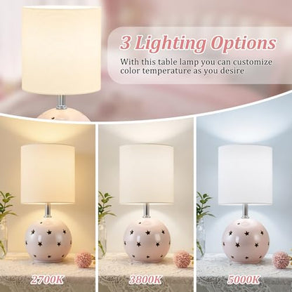 Small Table Lamp, 14" Pink Ceramic Bedside Lamp for Girls Kids Bedroom,Dorm - color: Pink