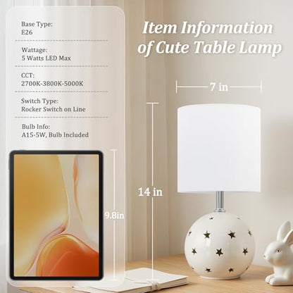 Small Table Lamp,14" White Ceramic Bedside Lamp for Girls Kids Bedroom,Dorm - color: White