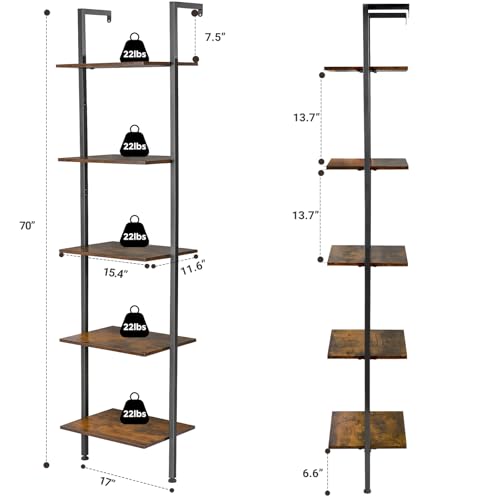 ELYKEN Ladder Shelf, 5-Tier Wood Wall Mounted Ladder Bookshelf - color: Rustic Brown
