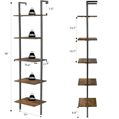 ELYKEN Ladder Shelf, 5-Tier Wood Wall Mounted Ladder Bookshelf - color: Rustic Brown