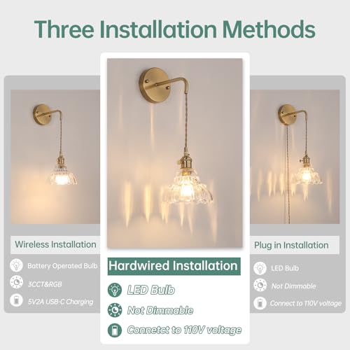 Shenmoyl Vintage Wall Sconce with Clear Lily of the Valley Shade Pattern Glass Adjustable Chain Retro Gold Wall Mounted Light, Modern Wall Lamp Fixtures Decor for Bedside Bedroom Indoor Doorway - color: Lily of the Valley-Clear, size: 1Pack-Hardwired