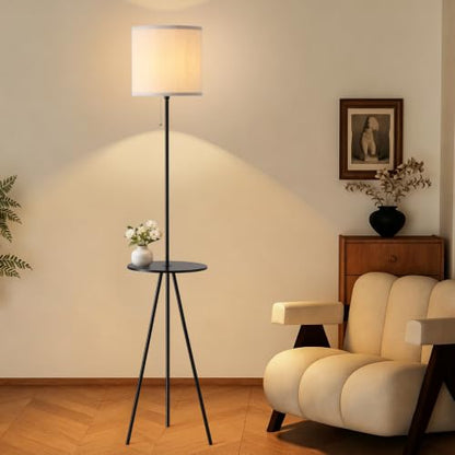 Floor Lamp with Table Attached, Linen Shade, Standing Lamp for Living Room - color: Black