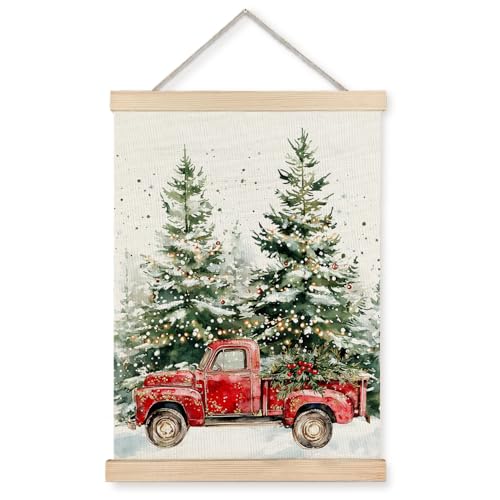 Exqcom Christmas Tree Wall Decor, Rustic Christmas Red Truck Wall Art Poster, Country Farmhouse Winter Holiday Xmas Posters for Home Bedroom Living Room, 12x16 Inches - color: Christmas-Wall Decor-J