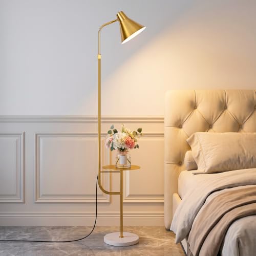 Gold Brass Brushed Floor Lamps with Side Table, Dimmable Light - color: Gold