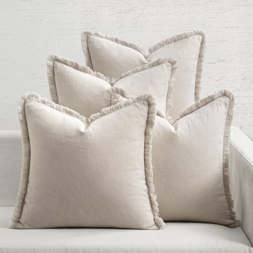 MIULEE Fall Linen Fringe Pillow Covers Set of 4 18x18 Neutral Beige - color: Neutral Beige, size: 18" x 18" (Pack of 4)