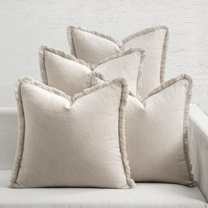 MIULEE Fall Linen Fringe Pillow Covers Set of 4 18x18 Neutral Beige - color: Neutral Beige, size: 18" x 18" (Pack of 4)
