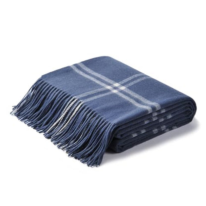 CUDDLE DREAMS Premium Cashmere Throw Blanket with Fringe (Plaid Blue) - color: Plaid Blue