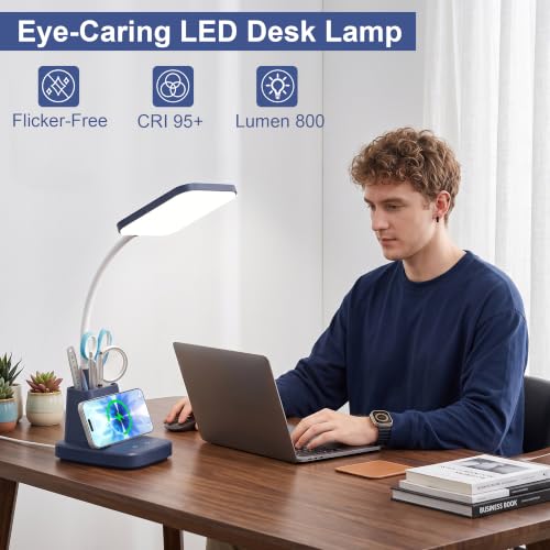 LED Desk Lamp with 10W Wireless Charging & Pen Holder, Navy Blue - color: Navy Blue