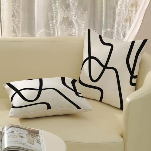 Boho Abstract Black Beige Art Line Pillow Covers 16x16 Set of 2 - color: Black Art Line-q, size: 16" x 16" (Pack of 2)
