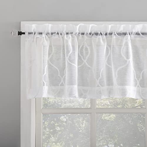 No. 918 Allerton Embroidered Trellis Semi-Sheer Rod Pocket Kitchen Curtain Valance and Tiers Set, White, 52" W x 36" L