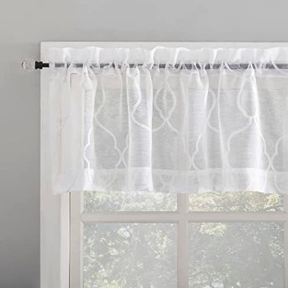 No. 918 Allerton Embroidered Trellis Semi-Sheer Rod Pocket Kitchen Curtain Valance and Tiers Set, White, 52" W x 36" L