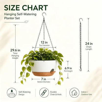 2 Pack 12 Inch Self‑Watering Hanging Planters Plant Pots, White‑Brown - color: White Brown