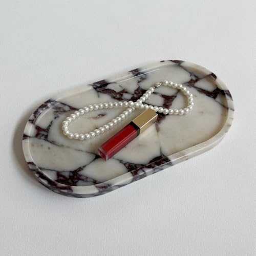 Natural Marble Stone 11.8 inches Oval Catchall Tray Classics Sundries Storage Jewelry Plates (Calacatta Purple)