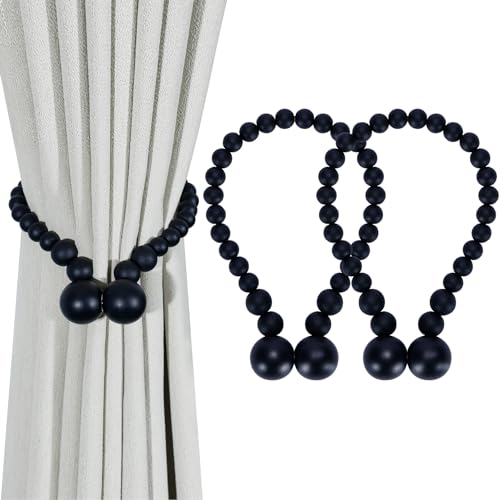 KLOGTSIND Magnetic Curtain Tiebacks, 2 Pack Wood Bead Curtain Holdbacks - color: Black
