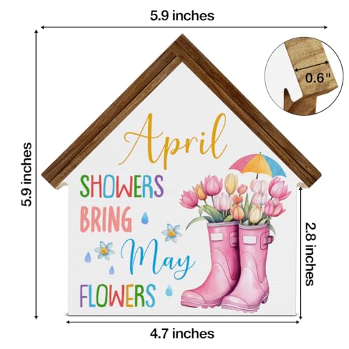 April Showers Bring May Flowers Decorations, Spring House Shaped Wood Block - color: April