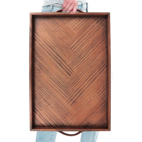 SXNOWS Wooden Serving Tray with Leather Handles, 24x16 in - size: 24" x 16" x 1.6"