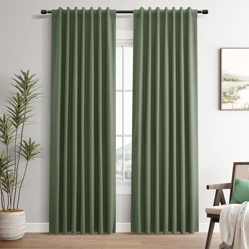 Linen 100% Blackout Curtains 86 Inches Long 2 Panels Set Linen Back Tab Hook Belt Elegant Country Farmhouse Black Out Thermal Insulated Soundproof Room Darkening Living Room Bedroom Nursery 52x86 - color: Olive Green, size: 52"W x 86"L (Pack of 2)