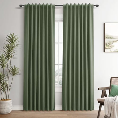 Olive Green 100% Blackout Linen Textured Curtains 92 Inches Long 2 Panels Set Room Darkening Curtains for Bedroom Living Room Back Tab Hook Belt Insulated Thermal Noise Reduction Window Drapes 52x92 - color: Olive Green, size: 52"W x 92"L (Pack of 2)