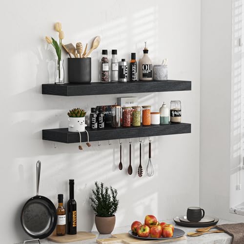 Fun Memories Floating Shelves - 2 Pack 9 Inch Rustic Wooden Wall Shelves - Extra Deeper & Thicker Wall Mounted Storage Shelf for Living Room, Kitchen, Farmhouse - 24" W x 9" D x 1.6" H - Rustic Black - color: Black, size: 23.6"L x 10.3"D