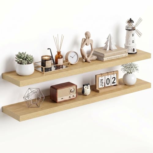 Dreamland 48Inch Oak Floating Shelves 9.3" Deep Wall Mounted Set of 2 - color: Oak, size: 9.3"D x 48"L