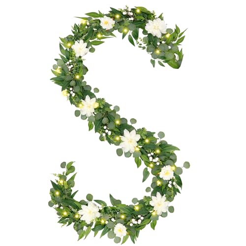 Artificial Eucalyptus Garland with Lights,Fairy Light Olive Leaves Vine Garland with White Flowers & White Berries, Bendable Mantle Garland for Indoor Outdoor Wedding, Home Decoration (9FT) - size: 9FT