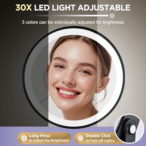 30X Magnifying Mirror with Lights-Matte Black 8" Dual Sided - color: Matte Black