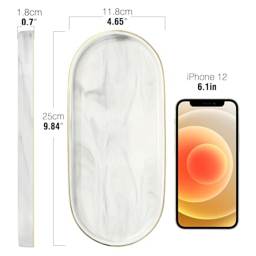 Luxspire 9.8" Bathroom Vanity Tray Marble Ceramic Dresser Jewelry Dish - color: Marble White+gold, style: Small