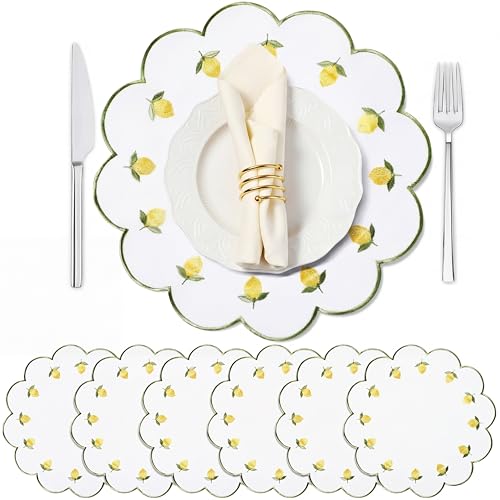Qinyoung 6 Pieces Lemon Placemats 13.8 Inch Scalloped Embroidery placemats Fabric Linen Cotton mats Set Round Decorative Dining Table Mats for Wedding Birthday Bridal Party Decor - size: 13.8 Inches, style: Lemon