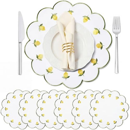 Qinyoung 6 Pieces Lemon Placemats 13.8 Inch Scalloped Embroidery placemats Fabric Linen Cotton mats Set Round Decorative Dining Table Mats for Wedding Birthday Bridal Party Decor - size: 13.8 Inches, style: Lemon