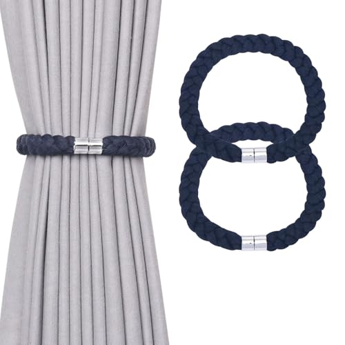 NICEEC 2 Pack Natural Cotton Rope Magnetic Curtain Tiebacks Elegant Twisted Braid Style Drape Tie Backs Soft Hand-Woven Rope Curtain Holdbacks for Home & Office Window Draperies (Dark Blue-01) - color: Dark Blue-01, size: 2 Pack