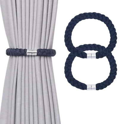 NICEEC 2 Pack Natural Cotton Rope Magnetic Curtain Tiebacks Elegant Twisted Braid Style Drape Tie Backs Soft Hand-Woven Rope Curtain Holdbacks for Home & Office Window Draperies (Dark Blue-01) - color: Dark Blue-01, size: 2 Pack