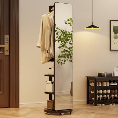 WoodsWhisper Full Length Mirror Coat Rack Solid Wood Floor Mirror 66"x12" Full Length Mirror with Stand Long Mirrors for Bedroom,Living Room (Black-Mobile, 66" Lx12 W) - color: Black-mobile, size: 66"Lx12"W