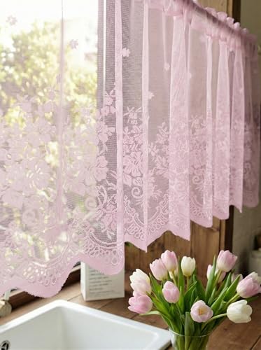 Molaxhome Kitchen Curtains Valance Pink Lace Floral Semi Sheer Curtain - color: Pink, size: 54"W x 24"L (Pack of 1)