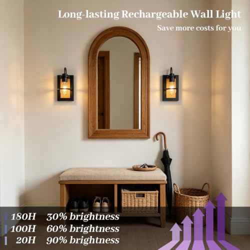 Farmhouse Wall Sconces Battery Operated Set Of 2, Rechargeable Wall Lights - color: Black Light Wood, size: 3 Color