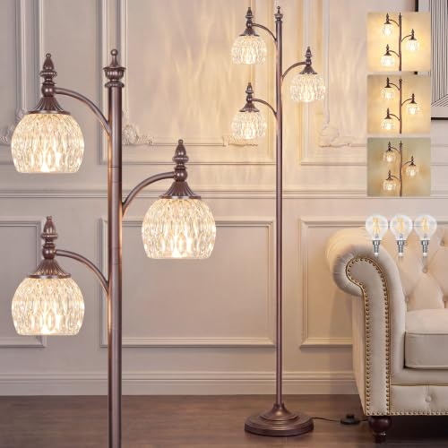 JUNNAI Brown Floor Lamps 66.5in Vintage Standing Lamp with Glass Shade 3 Way Brightness Lights Mid Century Modern Pole Lights Corner Lamp for Living Room Bedroom Office(Bulbs Included) - color: Brown-4