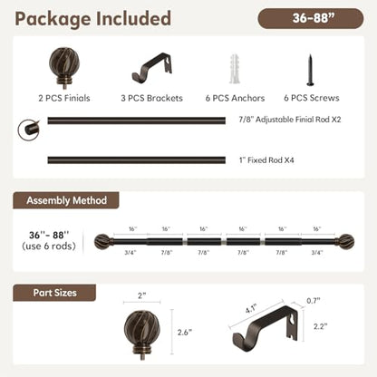 Brown Curtain Rods for Windows 48 to 84 Inch 7/8" Diameter - color: Brown, size: 36"-88"|1 Pack