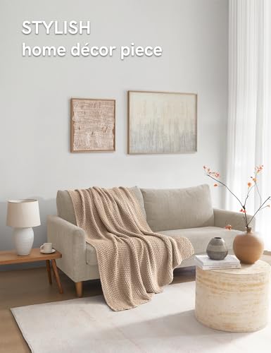 YnM Chunky Cotton Knit Throw Blanket, Cable Knit Throws for Bed Couch Sofa, Comfy & Relaxing, Decorative Piece for Farmhouse Modern Boho Rustic Scandinavian Chic Vibe, Beige 80x87 Inches - color: Beige - Medium Weight, size: King / CA King