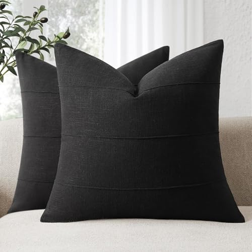 ZWJD Decorative Linen Throw Pillow Covers 24x24 Set of 2 Solid Handcrafted Striped Cushion Covers for Bed Soft Modern Farmhouse Neutral Pillowcase for Couch Bedroom Living Room Home Decor(Black) - color: Black, size: 24" x 24" (Pack of 2)