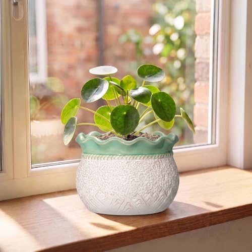 Ceramic Planter, 6 Inch Unique Planters with Drainage, White-Green - color: White-green, size: 6 Inch