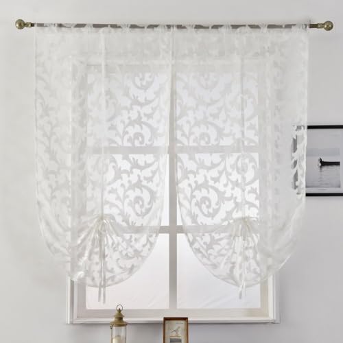 NAPEARL Tie Up Curtains, Jacquard Balloon Curtains for Kitchen Window, Ajustable Rod Pocket Sheer Curtain Valance for Bathroom Small Window, Set of 2 Panels (23W x 47L, White) - color: White, size: 23"W x 47"L (Pack of 2)