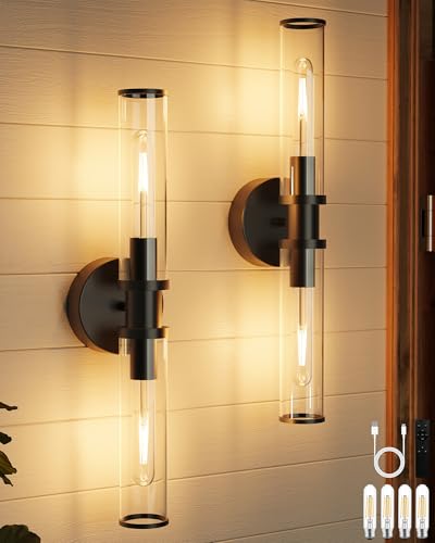 Rayogale Black Wireless Battery Operated Wall Sconces with Remote Control - color: Black(Clear Tubular Lampshade)